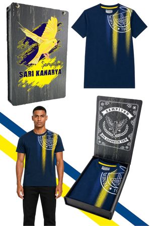 FENERBAHÇE ERKEK TRİBÜN SARI LACİVERT TRAMLI T-SHİRT UV KUTU HEDİYELİ