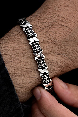 Erkek Gümüş Bileklik -Çapa Motifli Kare Model Gümüş Bileklik