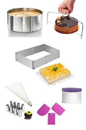 8 Adet Pasta Hazırlık Seti Dikdörtgen ,Yuvarlak Kek Kalıbı Sıkma Torbası Hamur Kesici Kesme Teli