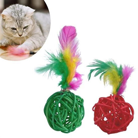 By Nevser® 2li Rattan Renkli Peluş Tüy Kedi Köpek Oyuncak Yakalama Çiğneme Çıngıraklı Top Oyuncağı