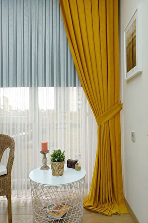 Fon Kumaş Perde Koyu Sarı Hardal Renk Kadifemsi Yumuşak Soft Kanat Yan Perde 1e 3 Dökümlü Pile