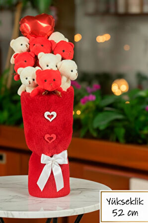 Öğretmen'e HEDİYE: Deluxe Kırmızı-Beyaz Peluş Ayıcık Kalp Balonlu Peluş Vazo Tasarımlı Ayıcık Buketi