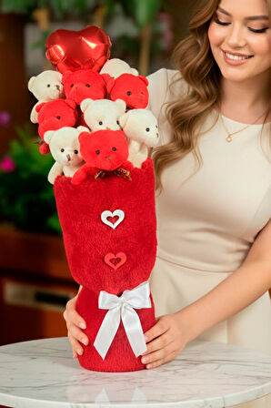 Öğretmen'e HEDİYE: Deluxe Kırmızı-Beyaz Peluş Ayıcık Kalp Balonlu Peluş Vazo Tasarımlı Ayıcık Buketi