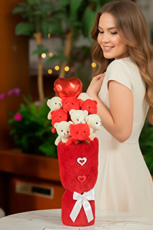 Öğretmen'e HEDİYE: Deluxe Kırmızı-Beyaz Peluş Ayıcık Kalp Balonlu Peluş Vazo Tasarımlı Ayıcık Buketi