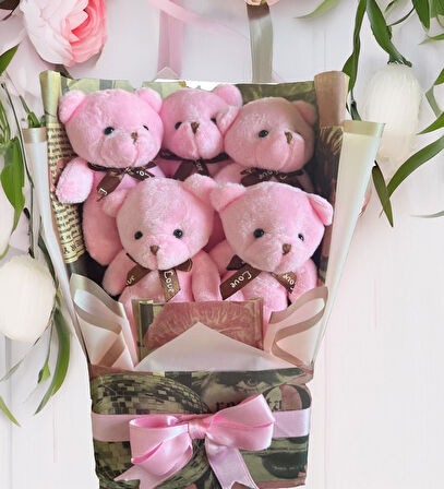 Premium Özel Konsept Romantik Retro Pembe Peluş Ayıcık Buketi-Sevdiklerinize, Doğumgünü, Yıldönümü..