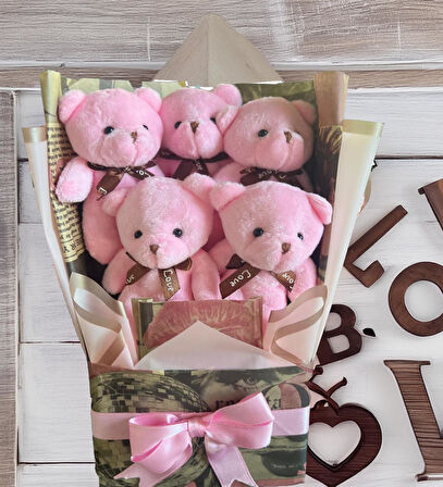 Premium Özel Konsept Romantik Retro Pembe Peluş Ayıcık Buketi-Sevdiklerinize, Doğumgünü, Yıldönümü..