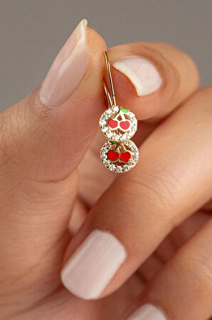 14 Ayar Taşlı Kiraz Çocuk Küpesi