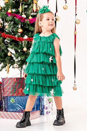 Kartanesi Detaylı Tokalı Kız Çocuk Noel Elbise