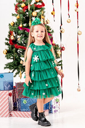 Kartanesi Detaylı Tokalı Kız Çocuk Noel Elbise