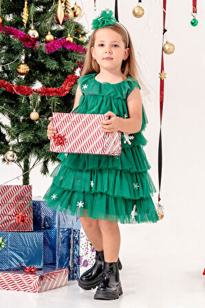 Kartanesi Detaylı Tokalı Kız Çocuk Noel Elbise