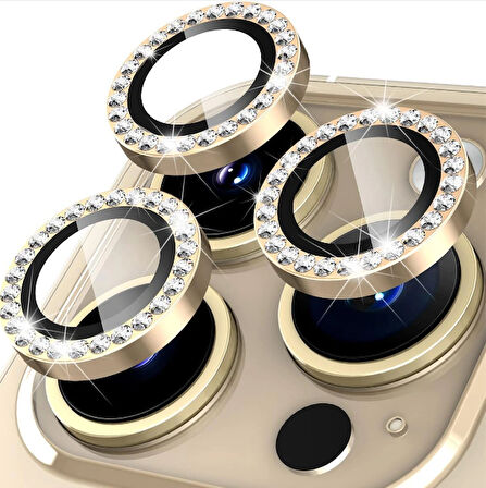 iPhone 14 Pro Max / 14 Pro için Kamera Koruyucu Taşlı ve Metal Lens Koruyucu Gold