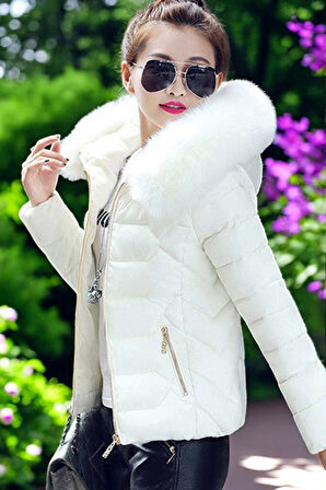 Kışlık Kürklü Kapüşonlu Şişme Mont