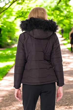 Kışlık Kapüşonlu Kürklü Su Geçirmez Şişme Kadın Mont