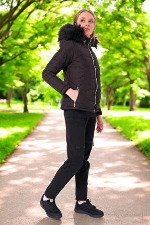 Kışlık Kapüşonlu Kürklü Su Geçirmez Şişme Kadın Mont
