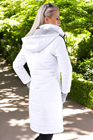 Kışlık Eldiven Detaytlı Kapüşonlu Uzun Şişme Kadın Mont