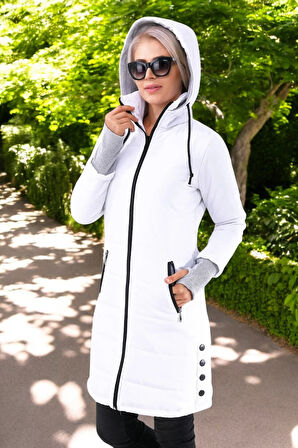 Kışlık Eldiven Detaytlı Kapüşonlu Uzun Şişme Kadın Mont