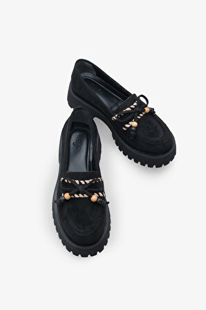 Kadın Loafer Kalın Taban Tokalı Günlük Ayakkabı Aslery Siyah Süet