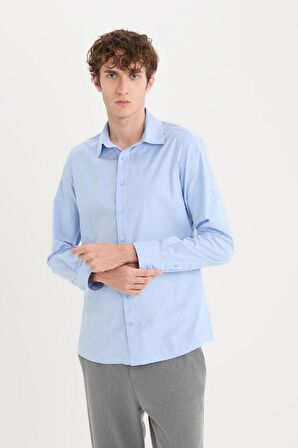 DeFacto Modern Fit Modern Kesim Poplin Düz Pamuk Karışımlı Uzun Kollu Gömlek D3375AX24AUBE177
