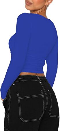 Mavi Bisiklet Yaka Bluz Darkalıp Ribana Kumaş Günlük Basic Body