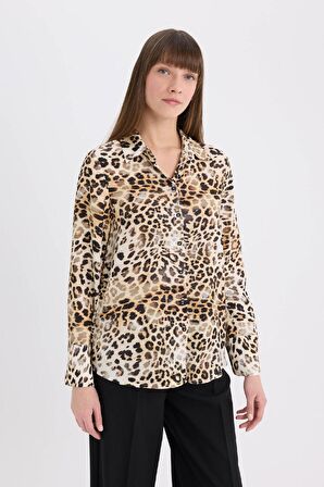 Regular Fit Leopar Desenli Uzun Kollu Gömlek