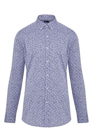 Lacivert Desenli Slim Fit Keten Gömlek | XS