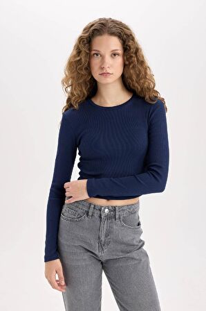 DeFacto Fitted Bisiklet Yaka Fitilli Kaşkorse Basic Düz Uzun Kollu Tişört Y9870AZ24AUNV241