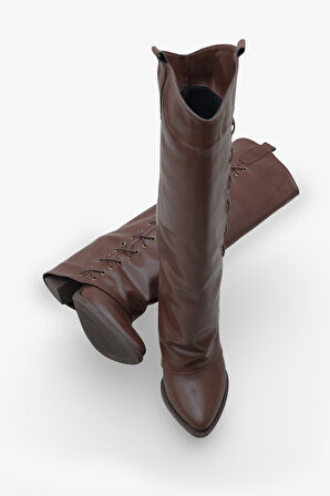 Kadın Bağcık Detaylı Sivri Burun Günlük Çizme Holdes Kahve