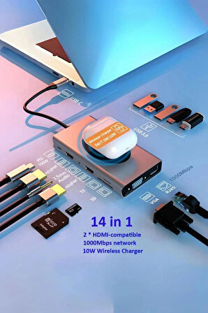 14IN1 HUB 10W Magsafe Özellikli VGA HDMI 3.5mm Sd/tf Kart TypeC To HDTV Pd USB 3.0 USBC
