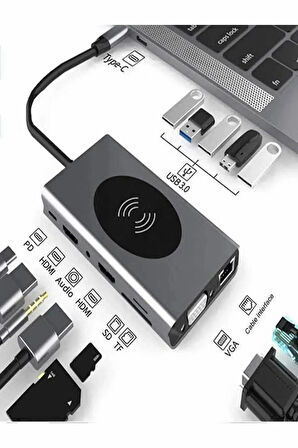 14IN1 HUB 10W Magsafe Özellikli VGA HDMI 3.5mm Sd/tf Kart TypeC To HDTV Pd USB 3.0 USBC