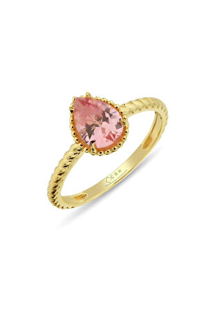 Pembe Taşlı Damla Altın Yüzük Zy0232 14yeni0070