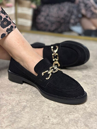 Günlük Kadın Loafer Makosen Klasik Alçak Topuklu Desenli Taban Zincirli Oval Burunlu Ayakkabı 150
