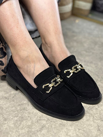 Günlük Kadın Loafer Makosen Klasik Alçak Topuklu Desenli Taban Zincirli Oval Burunlu Ayakkabı 150