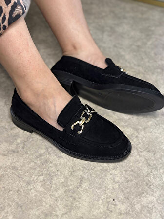 Günlük Kadın Loafer Makosen Klasik Alçak Topuklu Desenli Taban Zincirli Oval Burunlu Ayakkabı 150
