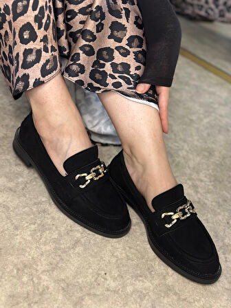 Günlük Kadın Loafer Makosen Klasik Alçak Topuklu Desenli Taban Zincirli Oval Burunlu Ayakkabı 150