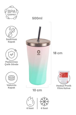 Paslanmaz Çelik Renk Geçişli Pipetli Mug Termos 500 ml No:79