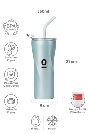 Paslanmaz Çelik Espressolab Mint Metalik Tumbler Termos 550 ml Pipetli Vakumlu Kapaklı No:136