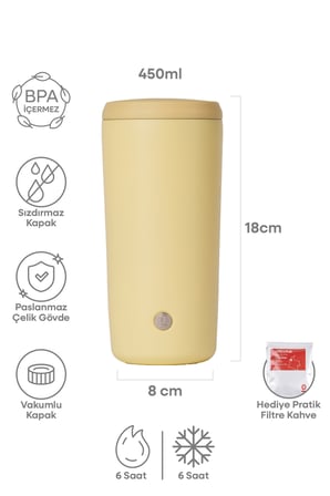 Sarı Mat Dokulu Paslanmaz Çelik Termos 450 ml Kapaklı No:141