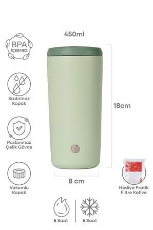 Açık Yeşil Mat Dokulu Paslanmaz Çelik Termos 450 ml Kapaklı No:140