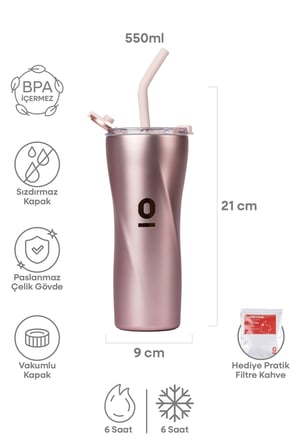 Paslanmaz Çelik Espressolab Rose Metalik Tumbler Termos 550 ml Pipetli Vakumlu Kapaklı No:135