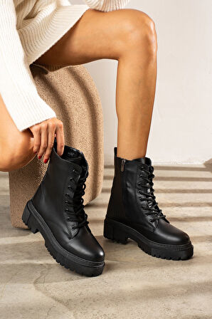 Günlük Kadın Bot Yüksek Kalın Topuklu Bağcıklı Fermuarlı Tırtıklı Taban Postal Bootie 1500