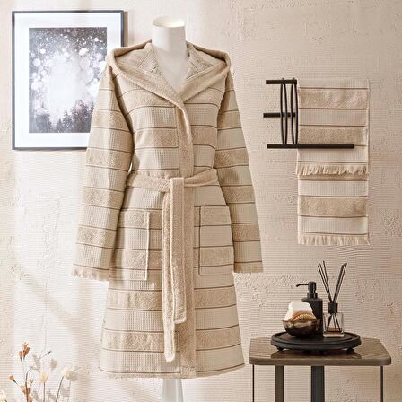 Taç Casual Pamuk Bornoz Set Bej S/M