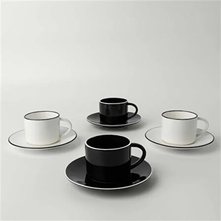Linens Oset Porselen 4'lü 110 ml Kahve Fincan Takımı Siyah-Beyaz