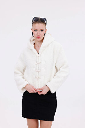 Kapüşonlu Düğmeli Peluş Mont - Kadın