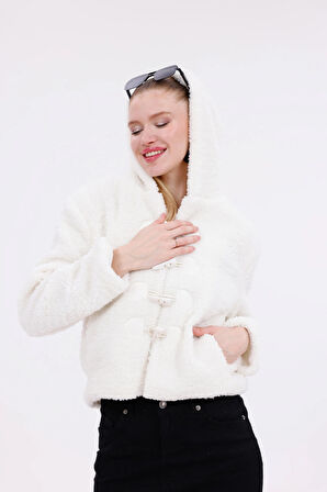 Kapüşonlu Düğmeli Peluş Mont - Kadın