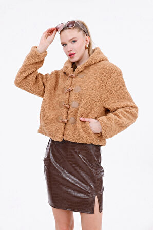 Kapüşonlu Düğmeli Peluş Mont - Kadın