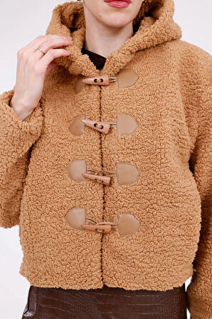 Kapüşonlu Düğmeli Peluş Mont - Kadın