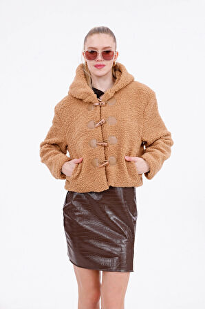 Kapüşonlu Düğmeli Peluş Mont - Kadın