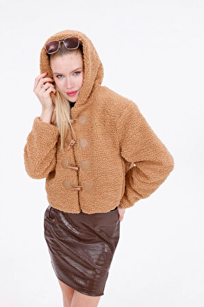 Kapüşonlu Düğmeli Peluş Mont - Kadın