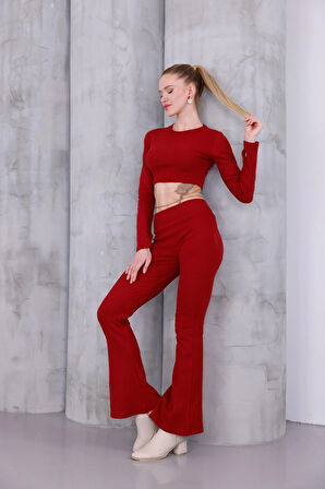 Kadın İspanyol Paça Pantolon Uzun Kollu Parmak Geçirmeli Crop Takım