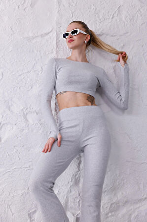 Kadın İspanyol Paça Pantolon Uzun Kollu Parmak Geçirmeli Crop Takım